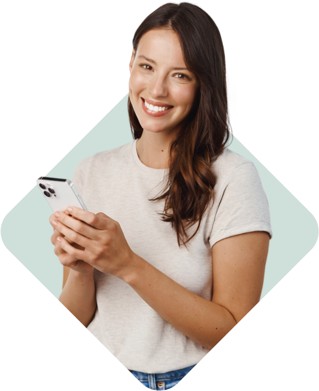 Happy woman holding a smartphone, smiling while using service